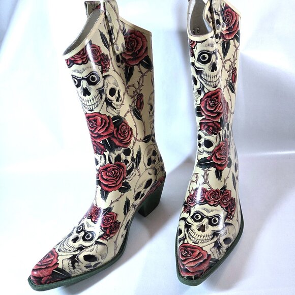 Nomad Yippy Skull & Roses Rubber Cowboy Rain Boots Size 8 - Picture 2 of 5